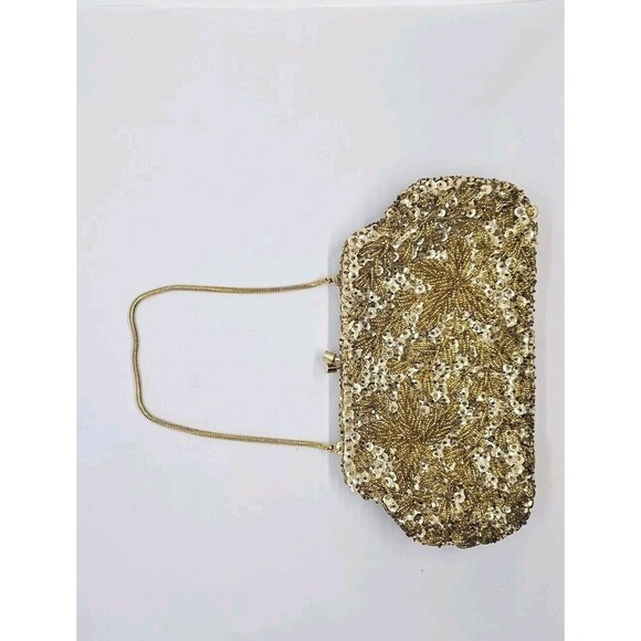 Vintage Gold Hand Beaded and Sequined Evening Bag Gold Handle Hong Kong - Picture 6 of 13